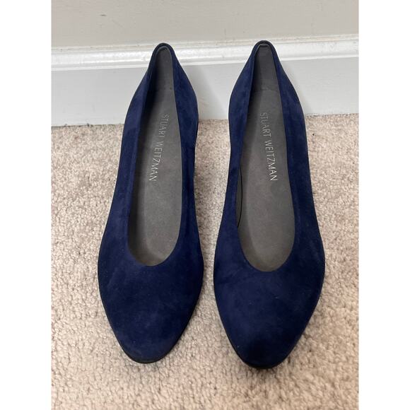 Stuart Weitzman Almond Suede Block Heel Pump with Silver Trim Navy Blue Size 8 - Picture 2 of 8